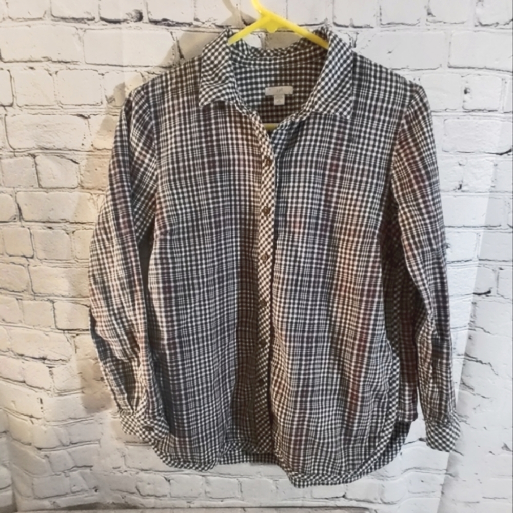 J Jill Gingham Plaid Mixed Media Print Button Down Top Shirt Size Medium…
